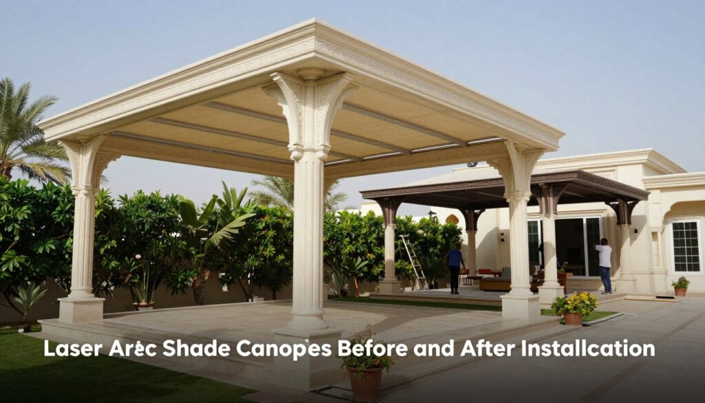 A captivating image showcasing "Laser Arc Shade Canopies Before and After Installation." In the foreground, highlight a beautifully installed laser arc shade canopy over a luxurious villa patio, with elegant curves and intricate design details. The middle ground features the professional installation team, dressed in modest work attire, attentively working on another canopy installation. In the background, there are lush green gardens typical of the Al-Jawhara neighborhood in Dammam, under a clear blue sky. Utilize soft, natural lighting to enhance the elegance of the canopies, and include the perspective from a slightly elevated angle to capture both the finished product and the ongoing installation. The atmosphere should convey sophistication and professionalism, illustrating the quality craftsmanship involved in these custom shade structures.
