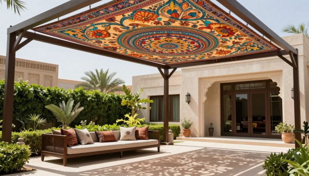A captivating scene showcasing a beautifully designed hanging shade structure in a Saudi villa's outdoor area, emphasizing the craftsmanship and artistic elements of the design. In the foreground, a modern, elegantly installed canopy with vibrant colors, suspended over a relaxing seating area adorned with decorative cushions. The middle ground features lush greenery and well-maintained landscaping, providing a serene atmosphere. In the background, the architectural features of the villa are visible, blending tradition with contemporary design elements. Natural sunlight filters through the canopy, casting playful shadows on the ground. The mood is inviting and tranquil, perfect for enjoying the outdoors. The angle captures both the shade structure and its harmonious setting, highlighting its aesthetic value and functionality.