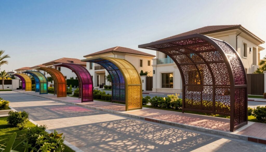A captivating scene showcasing a variety of elegant laser arc shade structures installed in a luxurious neighborhood, specifically designed for the upscale villas in Al-Jawhara district. In the foreground, display intricately designed laser arc shades in vibrant colors, casting beautiful patterns of light and shadow on the ground beneath them. In the middle ground, include well-maintained gardens and modern architecture of the villas, enhancing the atmosphere of sophistication. The background should feature a clear blue sky with soft, warm sunlight illuminating the entire scene, creating an inviting ambiance. Capture the image from a slightly elevated angle to emphasize the uniqueness of these shade structures, all without any text or watermarks.
