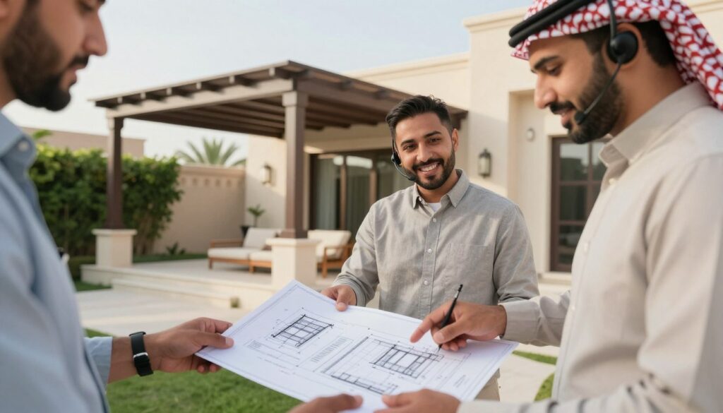A cheerful and professional customer service scene set in a modern Saudi villa backyard, featuring a team of two professionals in smart, modest casual clothing, discussing a custom shade structure installation. The foreground shows a detailed close-up of hands pointing at a blueprint for shade structures. In the middle, workers are actively engaging with clients, ensuring they understand the benefits of the different options available. The background includes a beautifully installed shade structure, providing a sense of comfort and style, amidst lush greenery typical to Saudi architecture. The sky is bright and clear, creating a warm and inviting atmosphere. Use soft, natural lighting to highlight the friendly interaction and diligence in customer service. The angle should provide a dynamic view of the team and the installation context, portraying a sense of professionalism and dedication to customer satisfaction.