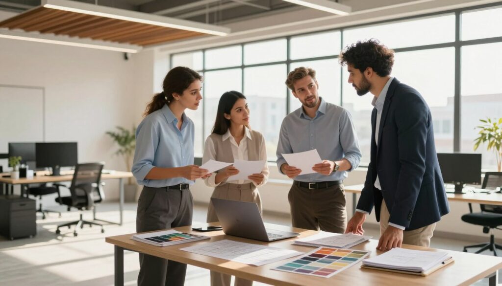 A clean, modern office space with a professional atmosphere, showcasing a diverse team of three individuals in business attire, engaged in a discussion about shade structure installations. In the foreground, a well-organized desk with plans and color samples is visible, alongside a laptop open to a design software. The middle ground features the team members, two men and one woman, collaborating enthusiastically. In the background, large windows let in warm, natural light, enhancing the inviting atmosphere. Soft shadows fall across the floor, creating depth. The overall mood is collaborative and focused, reflecting professionalism and dedication to quality service in shade structures for Saudi villas and houses in a contemporary setting.