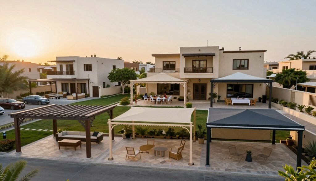 A clear and organized display of various types of shade structures suitable for residential settings in Saudi Arabia. In the foreground, showcase three distinct styles of custom shade canopies with intricate designs: a modern pergola, a traditional fabric awning, and a sleek retractable terrace cover. In the middle ground, depict a beautifully landscaped villa in the neighborhood of Al-Nada or Al-Nahda featuring these shade structures in use, suggesting an outdoor gathering space. In the background, hint at the warm, golden hues of a sunset, casting soft shadows over the scene. Use a wide-angle lens to capture the perspective, ensuring the lighting is bright yet inviting, enhancing the tranquil atmosphere ideal for family gatherings and outdoor living.