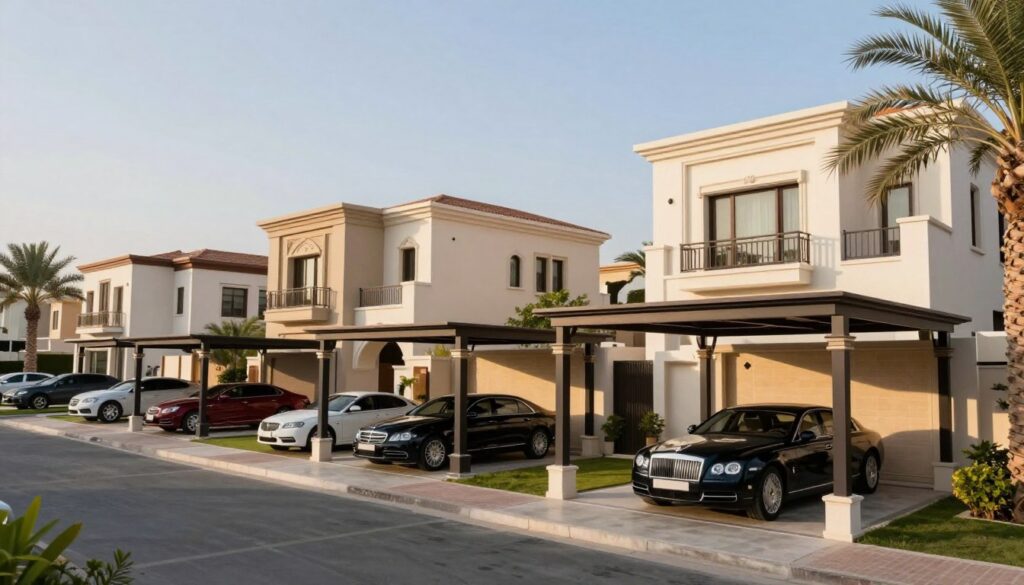 A collection of previous custom shade structure installations showcasing elegant carports installed in various residential settings in Saudi Arabia. In the foreground, highlight beautifully crafted shade structures with unique designs made from high-quality materials that protect luxury cars. In the middle ground, showcase stunning villas and houses, featuring modern architecture with well-maintained gardens and pathways. The background should reveal a serene neighborhood, with palm trees and clear blue skies typical of the Dammam area. Use soft, warm lighting to create an inviting atmosphere, capturing a sense of luxury and comfort. Aim for a balanced composition with a realistic photographic quality, emphasizing the craftsmanship and elegance of the shade structures.
