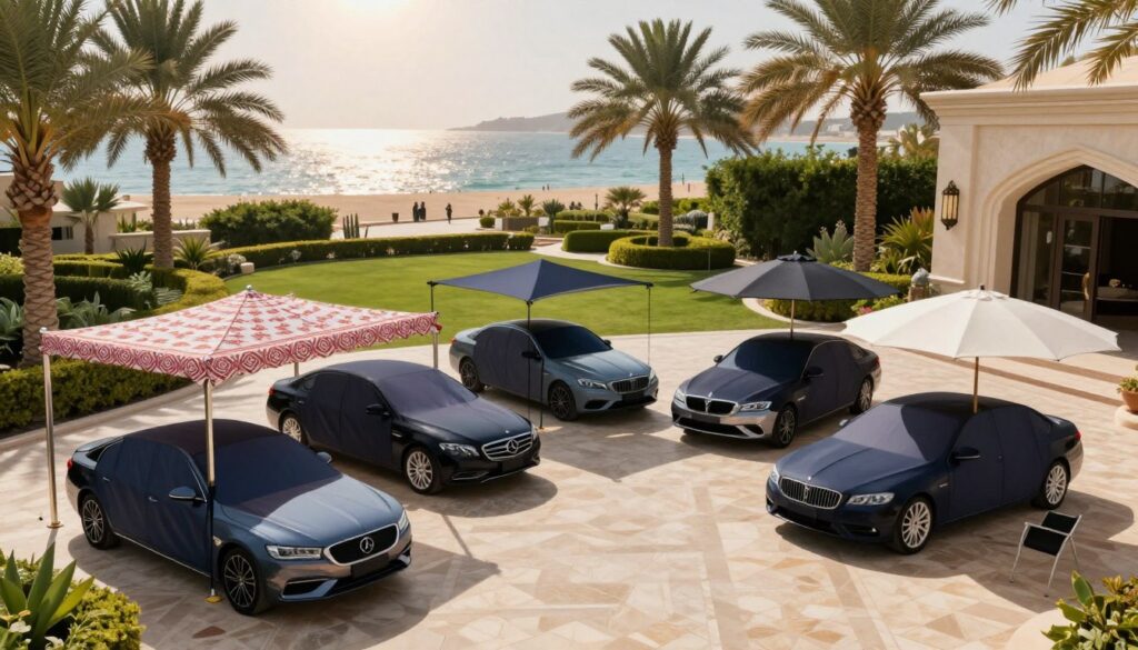 A collection of various types of car shades showcased in a beautifully landscaped driveway of a luxurious villa in Saudi Arabia. In the foreground, several distinct designs of car shades are illustrated, including traditional Arabic style canopies, modern tensile structures, and elegant parasols, all providing shelter for sleek automobiles. The middle ground features manicured gardens with palm trees, creating a tropical ambiance. In the background, the serene coastal view of the corniche glimmers in the warm sunlight, enhancing the tranquility of the scene. The lighting is bright and inviting, with shadows cast by the shades. Capture a sense of luxury and elegance, emphasizing the unique designs and professional installation of these shade structures, reflecting sophistication and functionality.