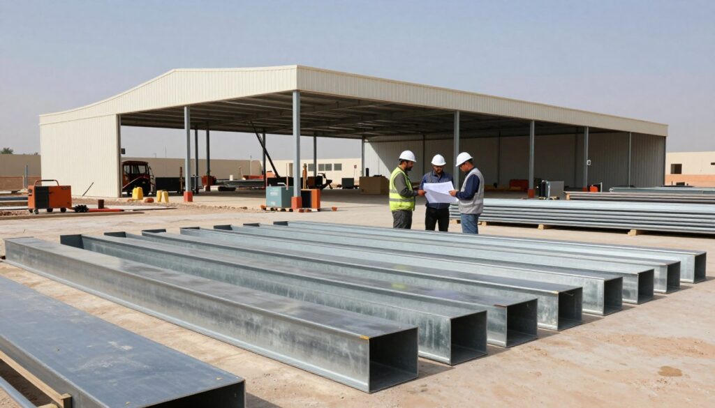 A construction site displaying various construction materials for building hangars, focusing on metallic structures. In the foreground, several steel beams and large sheets of metal are arranged neatly, with workers in professional attire discussing plans. The middle ground shows a partially assembled hangar structure, with tools and equipment like welding machines and cranes visible. In the background, a clear blue sky radiates natural light, illuminating the scene and casting faint shadows. The atmosphere is professional and industrious, embodying a sense of teamwork and precision. Capture the essence of proper material selection and installation techniques in the context of constructing hangars in Qatif.