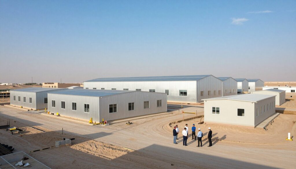 A construction site featuring a series of modern sandwich panel warehouses and site offices in Dammam, Saudi Arabia. In the foreground, professional workers in business attire inspect the facilities, emphasizing collaboration and quality. The middle ground showcases multiple sandwich panel structures, with clear, reflective surfaces and vibrant colors to illustrate their durability and modern design. The background features a clear blue sky with minimal clouds, highlighting the arid landscape typical of the region. Soft, natural lighting casts shadows, creating depth and realism, while the viewpoint is slightly elevated to capture the layout of the site. The atmosphere conveys efficiency and professionalism, ideal for construction projects. A construction site featuring a series of modern sandwich panel warehouses and site offices in Dammam, Saudi Arabia. In the foreground, professional workers in business attire inspect the facilities, emphasizing collaboration and quality. The middle ground showcases multiple sandwich panel structures, with clear, reflective surfaces and vibrant colors to illustrate their durability and modern design. The background features a clear blue sky with minimal clouds, highlighting the arid landscape typical of the region. Soft, natural lighting casts shadows, creating depth and realism, while the viewpoint is slightly elevated to capture the layout of the site. The atmosphere conveys efficiency and professionalism, ideal for construction projects.