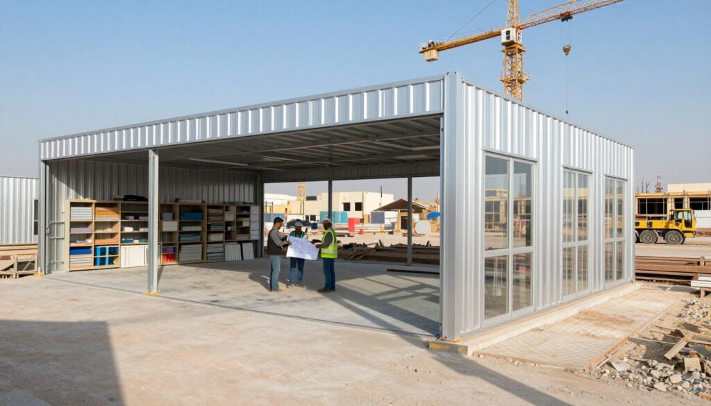 A construction site in Dammam showcasing sandwich panel hangars. In the foreground, a modern sandwich panel structure serves as a temporary office, with clear glass windows reflecting the sunlight. To the left, a well-organized storage area filled with construction materials is visible. The midground features workers in professional attire, inspecting plans and collaborating on-site. The background reveals a bustling construction site with cranes and other equipment under a bright blue sky, casting soft shadows on the ground. The lighting is bright and natural, emphasizing the innovative use of sandwich panels in construction. The overall atmosphere is one of productivity and modernity, highlighting the practical applications of sandwich panel hangars in the construction industry. A construction site in Dammam showcasing sandwich panel hangars. In the foreground, a modern sandwich panel structure serves as a temporary office, with clear glass windows reflecting the sunlight. To the left, a well-organized storage area filled with construction materials is visible. The midground features workers in professional attire, inspecting plans and collaborating on-site. The background reveals a bustling construction site with cranes and other equipment under a bright blue sky, casting soft shadows on the ground. The lighting is bright and natural, emphasizing the innovative use of sandwich panels in construction. The overall atmosphere is one of productivity and modernity, highlighting the practical applications of sandwich panel hangars in the construction industry.