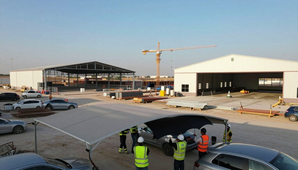 A construction site in Jubail showcasing industrial and commercial hangar projects. In the foreground, a skilled team in professional attire is seen installing custom car shades and outdoor canopies. Middle-ground features partially constructed hangars with steel frames and raw materials organized for efficiency. The background reveals a clear blue sky, with cranes and construction equipment working diligently. Soft, natural lighting enhances the scene, casting gentle shadows that highlight the team's focused expressions. A wide-angle lens captures the scope of the project, conveying a sense of industriousness and professionalism. The atmosphere is dynamic yet organized, reflecting the progress and expertise involved in these significant construction ventures.
