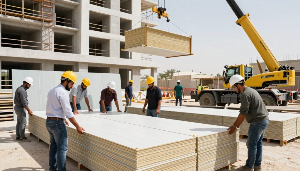 A construction site showcasing the installation of fire-resistant sandwich panels in a residential complex in Dammam. In the foreground, a diverse team of professional workers, wearing safety helmets and business attire, meticulously aligns and secures sandwich panels. The middle ground features partially assembled panels stacked and ready for installation, while a mobile crane operates to lift larger sections high above. The background reveals a modern residential building under construction, surrounded by scaffolding and construction machinery. Bright, natural lighting illuminates the scene, creating a vibrant atmosphere of teamwork and craftsmanship. The image should have a dynamic perspective, capturing both the technical aspects and the collaborative efforts of the workers.