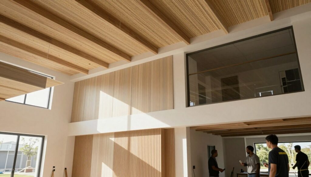 A contemporary interior showcasing the versatile uses of sandwich panels in residential and commercial projects. In the foreground, installation of sandwich panels on a modern ceiling, highlighting their sleek design and insulation properties. The middle ground features sandwich panels utilized in stylish wall applications, with natural light streaming in, reflecting their modern aesthetic and practicality. The background showcases a partially completed building, emphasizing the width of application in various construction stages. Capture soft, diffused lighting to create a warm atmosphere typical of a well-lit workspace. The perspective is angled slightly upward to emphasize the height and spaciousness introduced by sandwich panels. Ensure the scene includes industry professionals clad in smart casual attire, engaged in the installation process, contributing to a focused and productive environment.