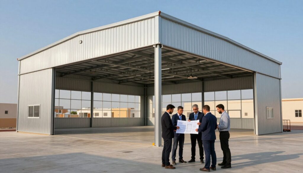 A custom-designed metal hangar in an industrial setting, showcasing sleek lines and a modern aesthetic. In the foreground, a professional team, dressed in smart work attire, collaborates on the hangar installation, using tools and technical blueprints. The middle ground features the partially completed structure, emphasizing the sturdy metal framework and spacious design, with large windows allowing natural light to illuminate the interior. In the background, a clear blue sky contrasts with the vibrant surrounding landscape of Al-Qatif, Saudi Arabia, capturing a warm, inviting atmosphere. Soft shadows are cast by the sunlight, enhancing the image's depth and highlighting the meticulous craftsmanship of the hangar design. The overall mood is professional and focused, emphasizing precision and teamwork.