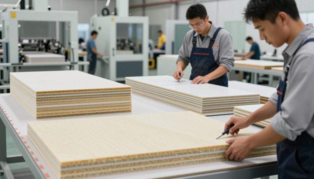A detailed and professional workshop environment focused on "sandwich panel" manufacturing techniques. In the foreground, showcase experienced technicians in professional business attire, measuring and cutting sandwich panels with precision tools. In the middle ground, demonstrate various types of sandwich panels stacked neatly, displaying their layers for thermal insulation and structural efficiency. The background should feature modern machinery and equipment used in the production process, with bright, clear lighting highlighting the textures and colors of the panels. Use a slight angle to capture depth and dimension while maintaining a clean and organized atmosphere. The overall mood should convey innovation and professionalism, emphasizing the importance of quality in construction materials.