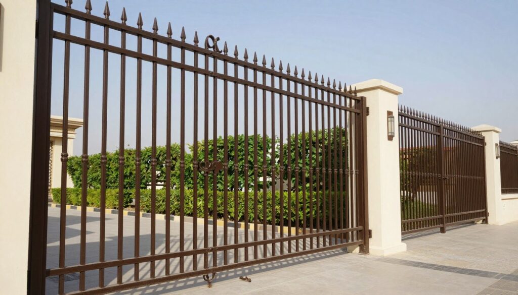 A detailed and realistic depiction of heavy-duty iron security barriers installed around a modern Saudi villa, emphasizing protection and safety. In the foreground, showcase sturdy iron panels with intricate designs, featuring a polished finish that reflects sunlight. The middle ground includes a well-maintained garden with lush greenery accentuating the barriers' presence, while in the background, a clear blue sky creates a serene atmosphere. The lighting is bright and natural, casting soft shadows from the barriers onto the ground. The angle captures the structures’ height and durability, evoking a sense of confidence and security. The mood is calm and secure, highlighting the essence of safety in residential spaces. No human subjects are present in the image.