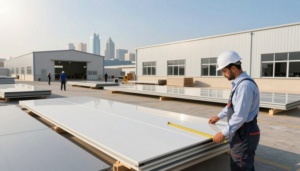 A detailed and vibrant scene depicting a modern sandwich panel warehouse in Dammam, showcasing various sizes and styles of sandwich panel structures. In the foreground, a professional installer in business attire carefully measures and inspects the panels under bright natural sunlight, highlighting their sleek and durable design. The middle ground displays several completed sandwich panel warehouses, with sunlight reflecting off their surfaces, while workers efficiently assemble and organize nearby materials. In the background, the city skyline of Dammam is visible, blending modern architecture with a clear blue sky. The image should convey a sense of professionalism and innovation in construction, with a warm, inviting atmosphere enhanced by bright, natural lighting. A detailed and vibrant scene depicting a modern sandwich panel warehouse in Dammam, showcasing various sizes and styles of sandwich panel structures. In the foreground, a professional installer in business attire carefully measures and inspects the panels under bright natural sunlight, highlighting their sleek and durable design. The middle ground displays several completed sandwich panel warehouses, with sunlight reflecting off their surfaces, while workers efficiently assemble and organize nearby materials. In the background, the city skyline of Dammam is visible, blending modern architecture with a clear blue sky. The image should convey a sense of professionalism and innovation in construction, with a warm, inviting atmosphere enhanced by bright, natural lighting.