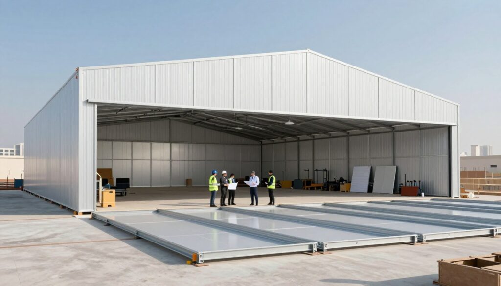 A detailed architectural rendering of a sandwich panel hangar design, featuring a modern, temporary construction site with elements of structural engineering visible. In the foreground, large steel frames are being erected, complemented by workers in professional business attire, collaborating on plans. The middle ground showcases panels being installed, highlighting their sleek, insulated surfaces, with tools and machinery around. The background includes a clear blue sky over the city of Dammam, with distant buildings barely visible, establishing a construction atmosphere. Soft daylight illuminates the scene, casting minimal shadows, enhancing the materials’ textures. The overall mood conveys professionalism, innovation, and progress in construction. A detailed architectural rendering of a sandwich panel hangar design, featuring a modern, temporary construction site with elements of structural engineering visible. In the foreground, large steel frames are being erected, complemented by workers in professional business attire, collaborating on plans. The middle ground showcases panels being installed, highlighting their sleek, insulated surfaces, with tools and machinery around. The background includes a clear blue sky over the city of Dammam, with distant buildings barely visible, establishing a construction atmosphere. Soft daylight illuminates the scene, casting minimal shadows, enhancing the materials’ textures. The overall mood conveys professionalism, innovation, and progress in construction.
