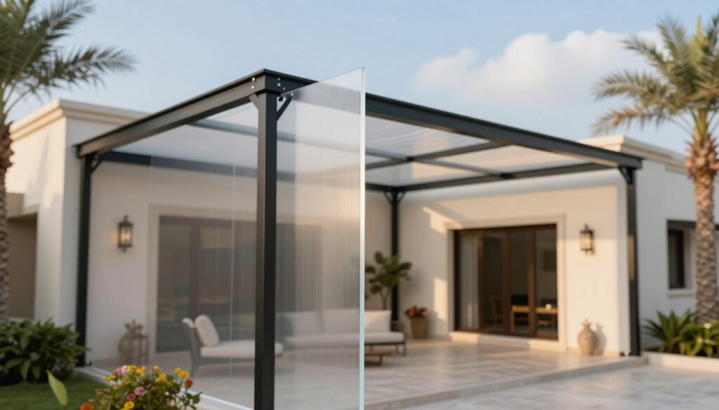 A detailed close-up of high-quality Lexan shade structures used in a Saudi villa setting. The foreground features a flawless, translucent Lexan panel showcasing its durability and light permeability, captured with a macro lens to emphasize texture and clarity. In the middle ground, the professionally installed shade structure arcs gracefully, creating an inviting outdoor space, framed by elegant landscaping, such as palm trees and flowering plants, enhancing the luxury feel. The background shows a sunlit villa, casting soft shadows reflecting the effective light filtration of the Lexan material. The lighting is warm and inviting, suggesting comfort and tranquility. Ensure a clear blue sky and soft cloud cover adds to the serene atmosphere, showcasing the innovative design and material quality. No text or watermarks.