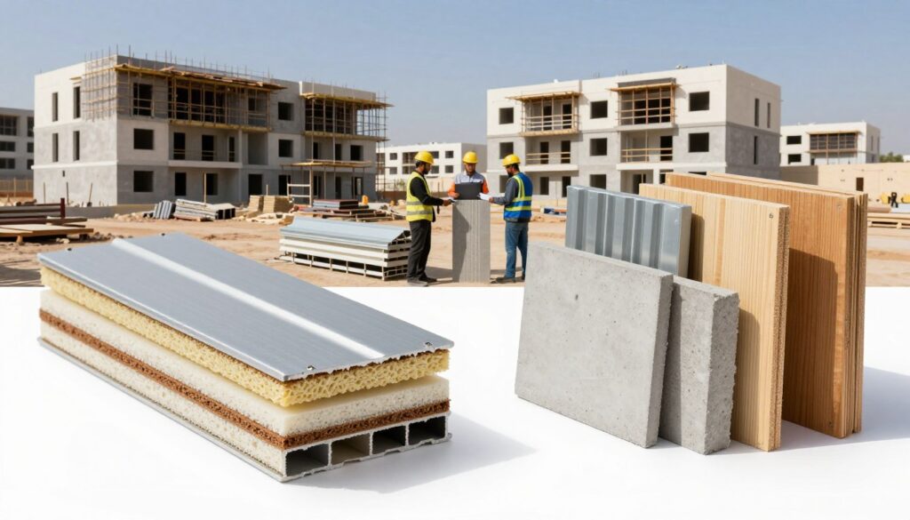 A detailed comparison image illustrating sandwich panels versus alternative materials for residential complexes. In the foreground, on the left, display a modern sandwich panel with fire-resistance features, showcasing its sleek design and insulation layers. On the right, portray alternative materials like concrete, wood, and metal, arranged in a visually appealing way, highlighting their differences. The middle ground should feature a construction site in Dammam, with workers in professional attire examining the materials, emphasizing the safety standards. The background should depict a residential complex under construction with clear blue skies and natural lighting, creating a clean, professional atmosphere. The image should have a balanced composition, portraying innovation in building materials while maintaining a technical and informative tone.