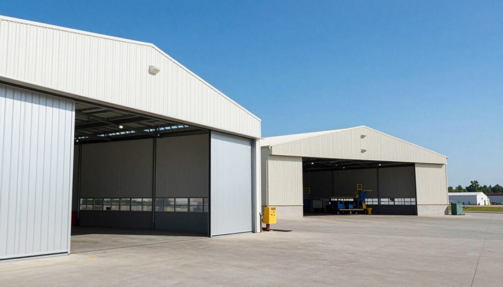 A detailed comparison image showcasing sandwich panel hangars on one side and traditional hangars on the other. In the foreground, provide a close-up of the sleek, modern design of a sandwich panel hangar, highlighting its insulation and aesthetics, contrasted with the solid, rugged appearance of a traditional hangar. In the middle ground, depict both structures side by side in a vibrant industrial environment, with clear blue skies and bright sunlight emphasizing their shapes. In the background, include an industrial landscape with equipment and machinery, conveying a sense of productivity. The atmosphere should feel professional and inviting, illustrating a modern work environment. Use a wide-angle lens to capture the full context, ensuring good lighting to highlight textures and details while maintaining a clean composition. No text or watermarks included.