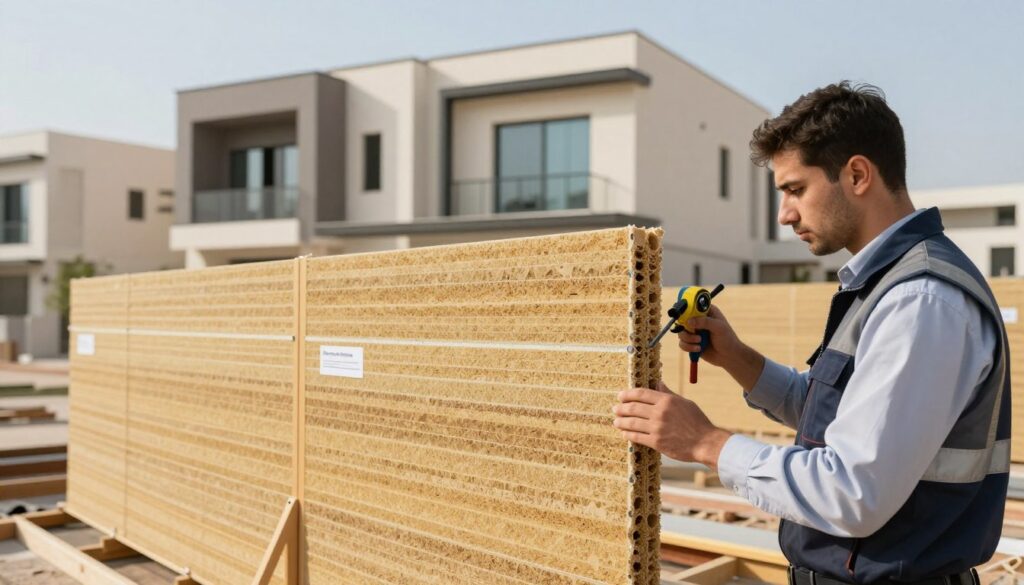 A detailed depiction of a fire-resistant sandwich panel installation in a residential area, showcasing the key safety standards. In the foreground, a technician in professional business attire inspects the sandwich panel installation, using tools and measuring devices. The middle ground features the sandwich panels, highlighting their robust construction and fire-resistant properties, with labels for "Fire Rating" and "Compliance Standards" subtly indicated. In the background, a modern villa reflects typical architecture in Dammam, under a clear blue sky. Soft, natural lighting enhances the scene, creating a professional yet inviting atmosphere. The focus should be on the safety aspects of sandwich panels, emphasizing their importance in residential safety compliance.