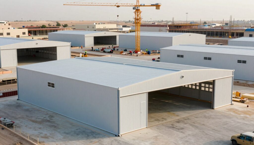 A detailed design of sandwich panel hangars suitable for construction projects in Dammam. In the foreground, showcase a well-structured, modern sandwich panel hangar with sleek lines, featuring large windows and doors. The middle ground displays additional hangars in varying sizes to emphasize different types. In the background, depict a bustling construction site with cranes and workers in professional attire, ensuring a dynamic environment. Use soft, natural daylight to create a warm atmosphere, highlighting the panels' textures. Capture the scene from a slightly elevated angle to give a comprehensive view of the hangars and the site. Aim for clarity and professionalism to represent the innovative nature of the project effectively. A detailed design of sandwich panel hangars suitable for construction projects in Dammam. In the foreground, showcase a well-structured, modern sandwich panel hangar with sleek lines, featuring large windows and doors. The middle ground displays additional hangars in varying sizes to emphasize different types. In the background, depict a bustling construction site with cranes and workers in professional attire, ensuring a dynamic environment. Use soft, natural daylight to create a warm atmosphere, highlighting the panels' textures. Capture the scene from a slightly elevated angle to give a comprehensive view of the hangars and the site. Aim for clarity and professionalism to represent the innovative nature of the project effectively.