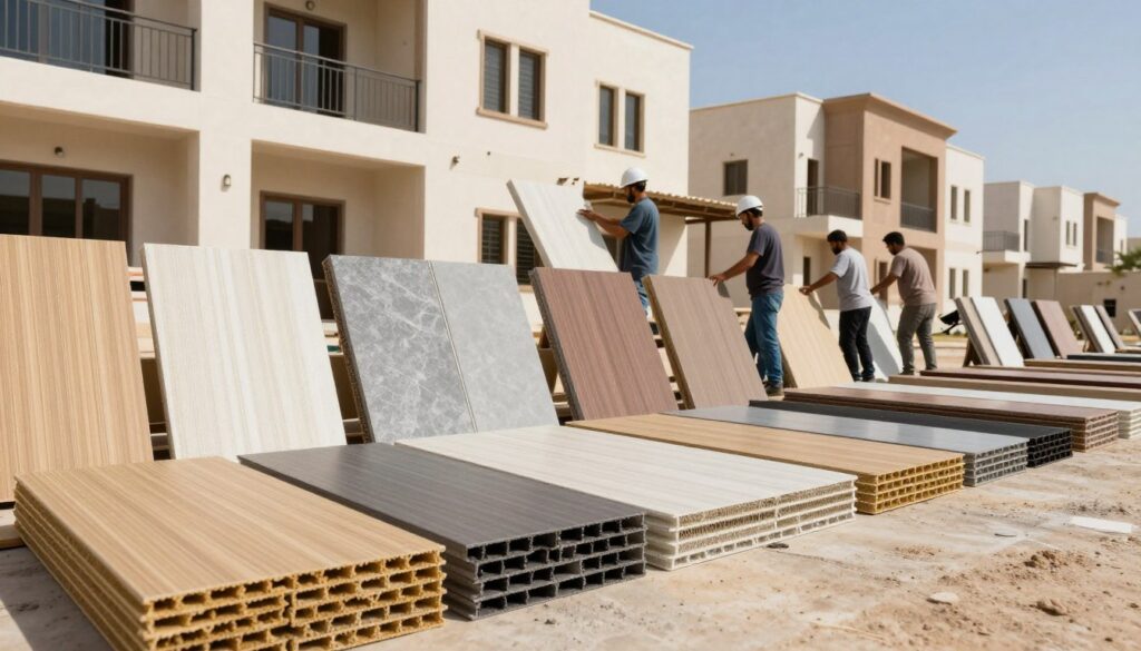 A detailed display of fire-resistant sandwich panels suitable for residential complexes in Dammam. In the foreground, showcase various types of sandwich panels with different textures and colors, highlighting their fire-resistant features. The middle ground should depict a professional installation scene with workers in modest casual clothing, installing these panels on the exterior of a modern residential building. The background features a clear blue sky and typical architectural elements of Dammam’s housing style. Use bright, natural lighting to emphasize the durability and design of the panels. Capture a mood of professionalism and safety, as the workers carefully install the panels, symbolizing a commitment to safety standards in residential environments.