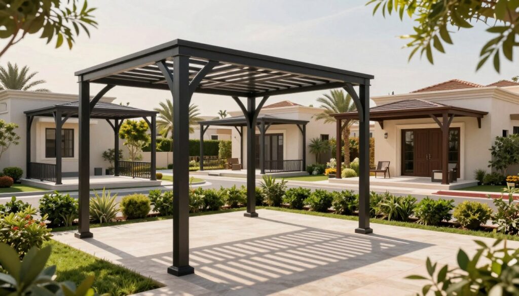 A detailed illustration featuring various designs of iron shade structures, showcasing professional installations in a modern Saudi villa setting. The foreground displays a sleek, custom-designed iron shade structure casting intricate shadows on the patio, surrounded by lush greenery. In the middle ground, several other shade structures can be seen, varying in style and size, reflecting diverse options for residential use. The background reveals a tranquil neighborhood scene with elegant villas, giving a sense of the upscale area of Al-Rayan and Al-Nakheel in Dammam. The lighting is warm and inviting, capturing the afternoon sun, while a slight breeze stirs the leaves. The atmosphere is serene and professional, emphasizing quality craftsmanship and architectural harmony.
