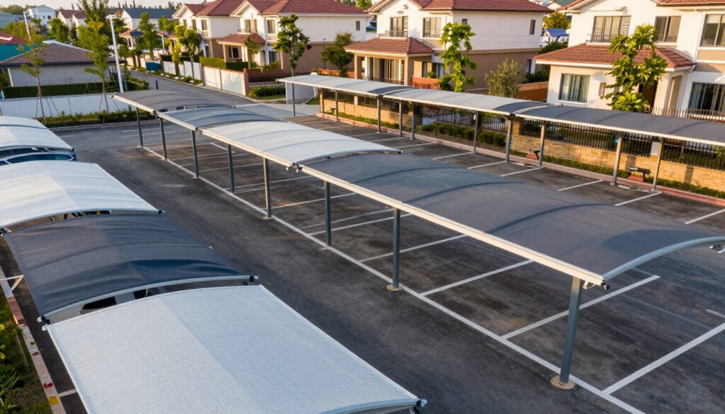 A detailed illustration of various materials used in the construction of car parking shade structures, showcasing a professional installation in a suburban setting. In the foreground, display close-up textures of durable fabrics, metal frames, and structural supports. The middle ground features a well-organized parking lot under multiple shade canopies, creatively arranged to highlight different materials and their applications. The background includes a residential area with modern villas, merging seamlessly with the shades. Natural sunlight casts a warm glow, enhancing the colors and textures of the materials. Capture this scene with a slightly elevated angle, providing a comprehensive view. The atmosphere is professional yet inviting, emphasizing the practicality and effectiveness of these shade solutions in urban environments.