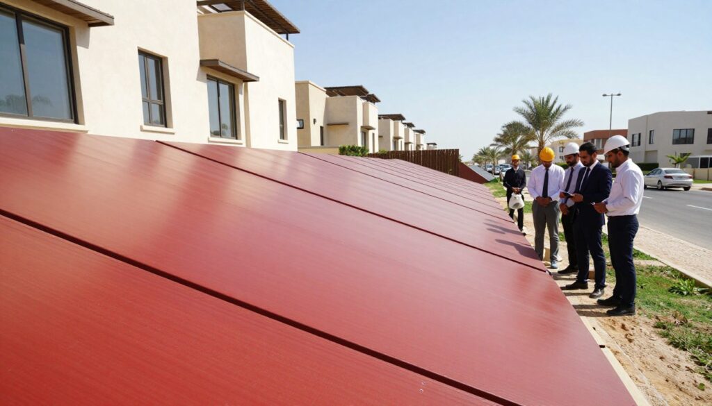A detailed image of fire-resistant sandwich panels installed on the exterior of a modern residential complex in Dammam, Saudi Arabia. In the foreground, showcase a well-aligned row of panels with a smooth finish, reflecting sunlight to highlight their robust texture and vibrant colors. In the middle ground, include a group of professionals in business attire examining the installation, discussing safety standards and features. The background should depict a serene residential neighborhood with palm trees and a clear blue sky, emphasizing a safe and comfortable living environment. Use bright, natural lighting to create a welcoming atmosphere and ensure a focus on the panels' effectiveness in enhancing fire safety in housing developments. The angle should be slightly elevated to capture both the panels and the professionals' interaction.