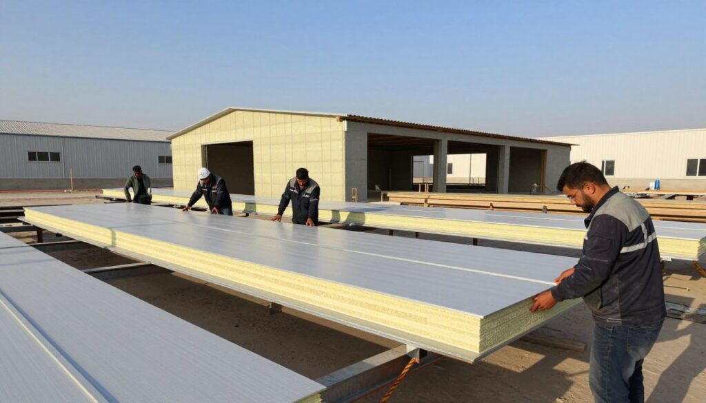 A detailed scene depicting the installation of sandwich panel structures in an industrial area in Dammam, Saudi Arabia. In the foreground, skilled workers in professional attire are precise and focused as they assemble the sandwich panels, showcasing teamwork and expertise. The middle ground features a partially completed structure, revealing layers of insulation, metallic edges, and sleek surfaces. In the background, a clear blue sky contrasts with nearby industrial buildings, illustrating the vibrant industrial landscape. The lighting is natural, casting soft shadows to enhance the depth of the scene. The overall mood is industrious and professional, reflecting the importance of creating an ideal working environment through modern construction techniques.