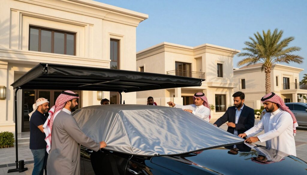 A detailed scene illustrating a professional team installing custom car shades and outdoor canopies for villas in Saudi Arabia. In the foreground, a diverse group of professionals in modest business attire works collaboratively, focusing on the precise installation of a stylish car shade over a sleek luxury vehicle. In the middle ground, beautifully designed villas showcase shiny facades under a clear blue sky, creating an elegant backdrop. The lighting is warm and inviting, casting soft shadows that enhance the architectural details. In the background, palm trees sway gently in the breeze, adding to the serene ambiance. The overall atmosphere conveys a sense of expertise and dedication, emphasizing the team's commitment to quality service and craftsmanship. A detailed scene illustrating a professional team installing custom car shades and outdoor canopies for villas in Saudi Arabia. In the foreground, a diverse group of professionals in modest business attire works collaboratively, focusing on the precise installation of a stylish car shade over a sleek luxury vehicle. In the middle ground, beautifully designed villas showcase shiny facades under a clear blue sky, creating an elegant backdrop. The lighting is warm and inviting, casting soft shadows that enhance the architectural details. In the background, palm trees sway gently in the breeze, adding to the serene ambiance. The overall atmosphere conveys a sense of expertise and dedication, emphasizing the team's commitment to quality service and craftsmanship.