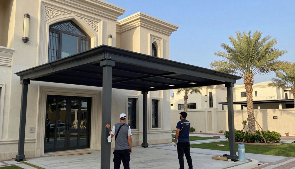 A detailed scene of a professional installation of custom shade structures, specifically awnings and canopies, in a contemporary residential area of حي المطار, الدمام. In the foreground, skilled workers dressed in professional attire are carefully assembling a sleek, modern shade structure over a luxury villa. The middle ground features the intricately designed villa, showcasing traditional Saudi architecture combined with modern elements. In the background, palm trees sway gently under a clear blue sky, enhancing the vibrant atmosphere of the Eastern Province. Soft, natural lighting illuminates the scene, capturing the attention to detail and craftsmanship of the shade installation. The composition should convey a sense of professionalism and quality in home improvement solutions.