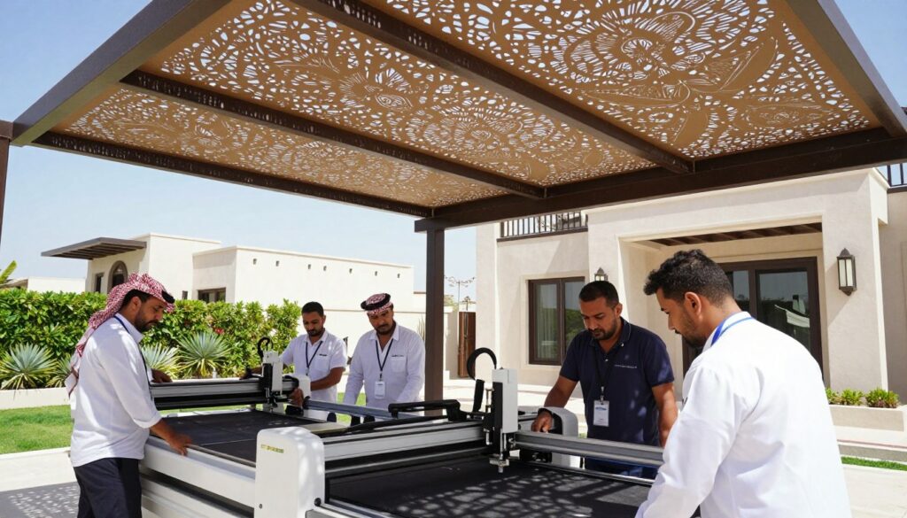 A detailed scene showcasing a professional team installing custom laser-cut shades and outdoor canopies for villas in Jubail, Saudi Arabia. In the foreground, skilled technicians in professional business attire are actively working on precision laser machinery, demonstrating their expertise. The middle ground features beautifully designed, intricate laser-cut shades, emphasizing quality craftsmanship. The background reveals a picturesque villa, blending contemporary architecture with traditional Saudi design, adorned with lush greenery and a clear blue sky. The lighting is bright and natural, enhancing the textures of the materials used. The atmosphere is one of professionalism and creativity, capturing the essence of innovation in outdoor shade solutions.