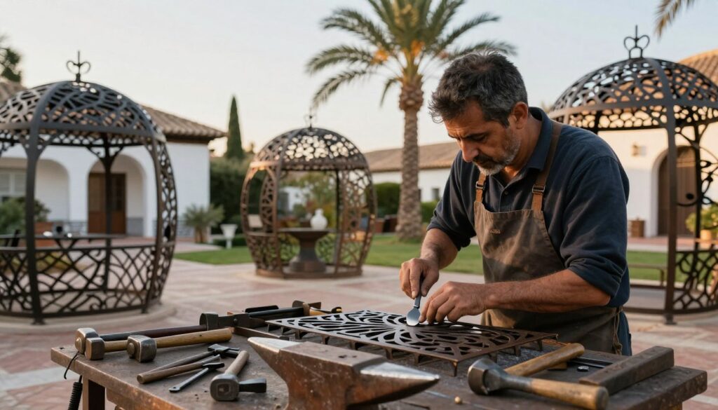 A detailed scene showcasing artistic metalworking, prominently featuring an artisan in professional attire working on intricate iron designs for unique shade structures. In the foreground, tools like hammers and anvils are visible, embodying the craft of metalwork. The middle ground captures the artisan meticulously shaping a decorative metal piece, surrounded by unfinished structures that reflect beautiful geometric patterns. The background reveals a serene villa setting in the Al-Saf and Granada neighborhood, with palm trees swaying gently under soft golden lighting, conveying a warm, inviting atmosphere. The image should have a slight lens blur to emphasize the artisan's work, creating a focal point on the artistic process, while maintaining a clear view of the elegant surroundings. A detailed scene showcasing artistic metalworking, prominently featuring an artisan in professional attire working on intricate iron designs for unique shade structures. In the foreground, tools like hammers and anvils are visible, embodying the craft of metalwork. The middle ground captures the artisan meticulously shaping a decorative metal piece, surrounded by unfinished structures that reflect beautiful geometric patterns. The background reveals a serene villa setting in the Al-Saf and Granada neighborhood, with palm trees swaying gently under soft golden lighting, conveying a warm, inviting atmosphere. The image should have a slight lens blur to emphasize the artisan's work, creating a focal point on the artistic process, while maintaining a clear view of the elegant surroundings.