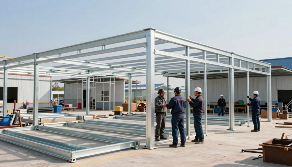 A detailed scene showcasing metallic structures in an industrial environment, highlighting various types of metal frames and their applications. In the foreground, a team of professionals, dressed in smart work attire, is actively installing a large metallic hangar framework, emphasizing teamwork and precision. The middle ground features partially erected hangars and various tools scattered around, while the background reveals a bright, clear sky and a hint of industrial buildings to set the context. The lighting is bright and natural, casting soft shadows to enhance the intricacies of the metalwork. The atmosphere conveys a sense of productivity and innovation, ideal for illustrating the use of high-quality materials in construction.