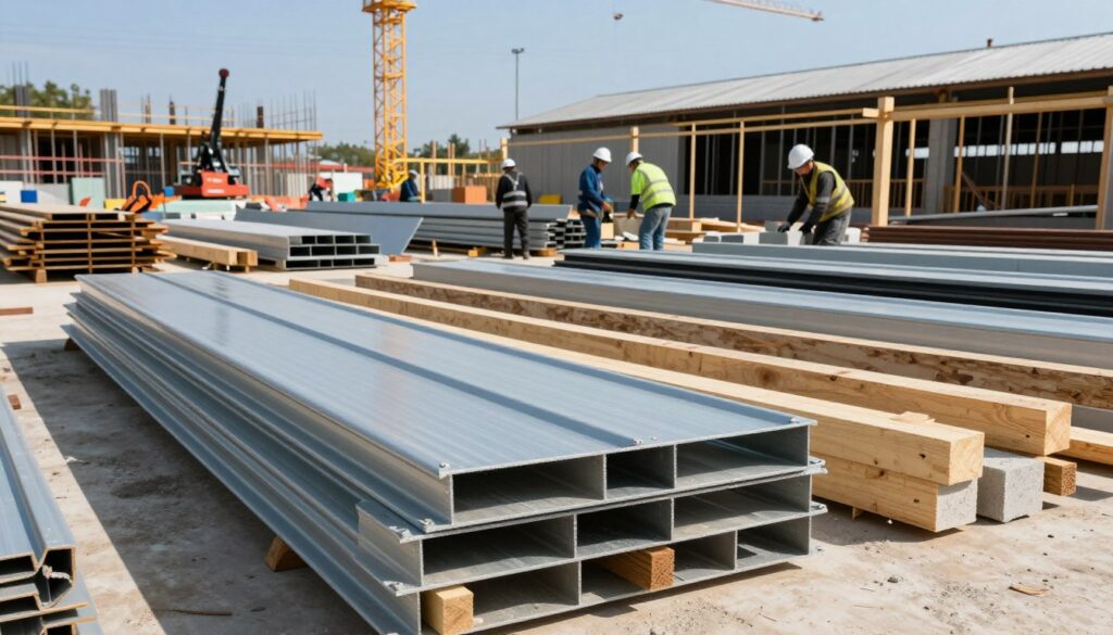 A detailed scene showcasing various manufacturing materials and tools used in construction, specifically metal sheets, wood beams, and concrete blocks displayed prominently in the foreground. In the middle ground, skilled workers in professional attire are assembling these materials to build storage spaces, highlighting safety practices. The background features partially constructed warehouses under a clear blue sky, with cranes and equipment enhancing the industrial atmosphere. Natural sunlight illuminates the scene, creating dynamic shadows, while the angle captures both the intricate details of materials and the teamwork involved. The mood is industrious and focused, embodying a sense of progress and professionalism in construction. A detailed scene showcasing various manufacturing materials and tools used in construction, specifically metal sheets, wood beams, and concrete blocks displayed prominently in the foreground. In the middle ground, skilled workers in professional attire are assembling these materials to build storage spaces, highlighting safety practices. The background features partially constructed warehouses under a clear blue sky, with cranes and equipment enhancing the industrial atmosphere. Natural sunlight illuminates the scene, creating dynamic shadows, while the angle captures both the intricate details of materials and the teamwork involved. The mood is industrious and focused, embodying a sense of progress and professionalism in construction.