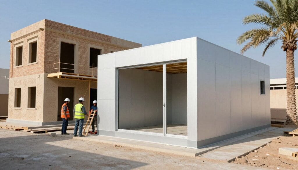 A detailed side-by-side comparison of sandwich panel rooms and traditional construction, set in a modern Saudi environment. In the foreground, a sleek sandwich panel structure showcasing its smooth, insulated exterior with a modern design. To the left, a traditional brick and mortar building, highlighting its classic architecture with textured walls. In the middle ground, construction workers in professional attire actively engaging in the installation process of both building types, emphasizing the efficiency of sandwich panels vs. traditional methods. The background features a clear blue sky and palm trees, creating a vibrant, sunny atmosphere. Use soft, natural lighting to enhance details, and apply a slightly elevated angle to capture both structures for an informative perspective.