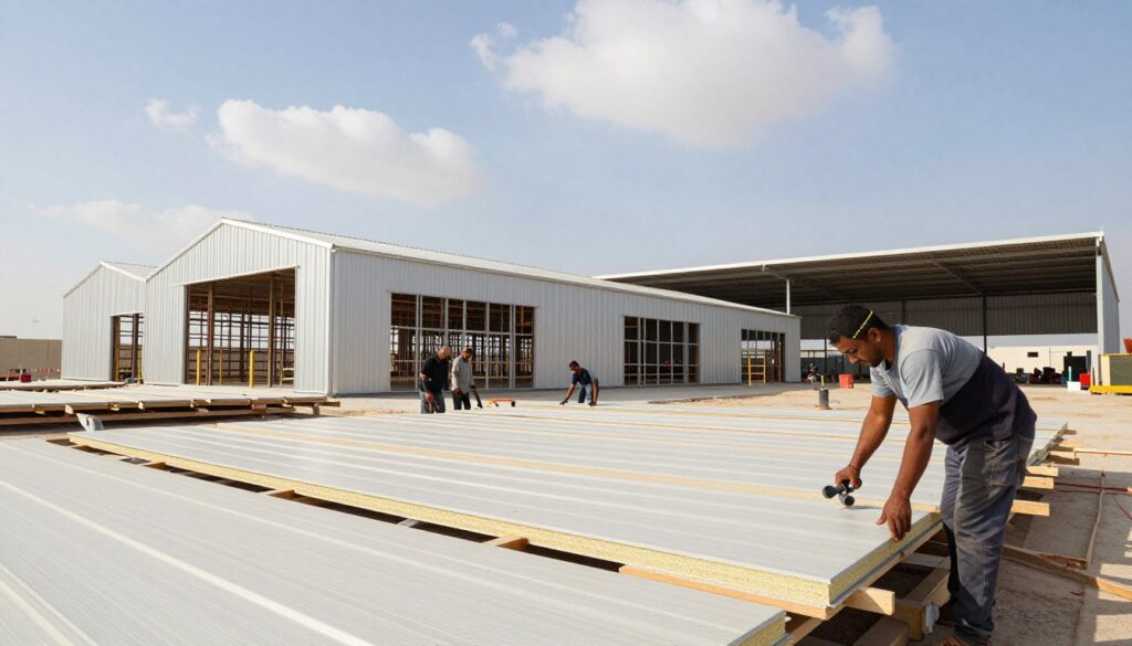 A detailed view of a sandwich panel hangar construction site in Dammam, showcasing the installation process. In the foreground, skilled workers in professional attire are assembling sandwich panels, utilizing tools and equipment. The middle section shows half-completed structures with modern design elements, emphasizing efficiency and durability. The background features a bright blue sky with a few fluffy clouds, reflecting an inviting and productive atmosphere. Soft, natural lighting highlights the textures of the sandwich panels and the workers' focused expressions. Captured with a slightly elevated angle to provide a comprehensive view of the site, the image conveys a sense of professionalism and active construction, suitable for showcasing the factors affecting costs in sandwich panel structures. A detailed view of a sandwich panel hangar construction site in Dammam, showcasing the installation process. In the foreground, skilled workers in professional attire are assembling sandwich panels, utilizing tools and equipment. The middle section shows half-completed structures with modern design elements, emphasizing efficiency and durability. The background features a bright blue sky with a few fluffy clouds, reflecting an inviting and productive atmosphere. Soft, natural lighting highlights the textures of the sandwich panels and the workers' focused expressions. Captured with a slightly elevated angle to provide a comprehensive view of the site, the image conveys a sense of professionalism and active construction, suitable for showcasing the factors affecting costs in sandwich panel structures.