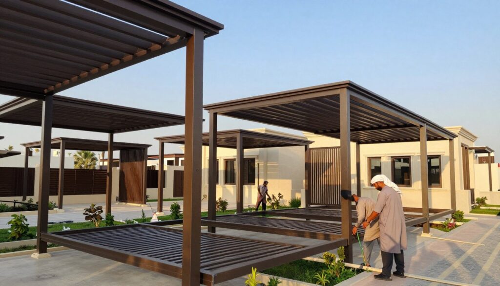 A detailed view of the installation of metallic shade structures in a modern residential area of Dammam, featuring various types of shades, such as horizontal and vertical slats, elegantly designed for villas. In the foreground, skilled professionals wearing modest uniforms are carefully assembling the metal frames, demonstrating precision and expertise. The middle ground showcases a diverse range of shade structures, highlighting their durability and aesthetic appeal against a backdrop of well-maintained gardens and modern architecture. The background features a clear blue sky with soft sunlight casting gentle shadows, creating a warm and inviting atmosphere. The scene captures the essence of quality craftsmanship and competitive pricing in shade installation.