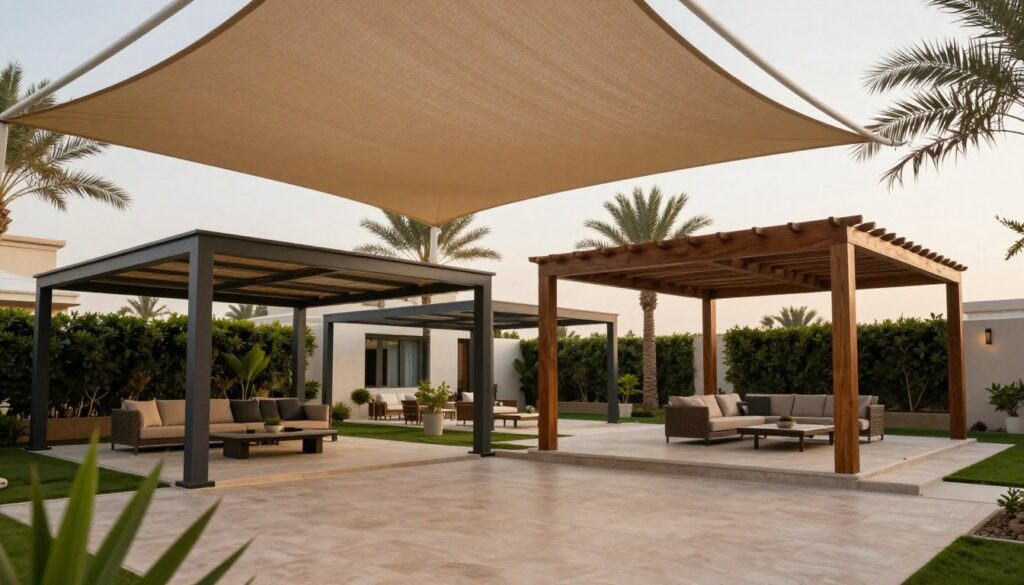 A detailed visual of various types of shade structures installed in a luxury Saudi villa, showcasing a variety of materials such as fabric, metal, and wood. In the foreground, highlight a stunning fabric shade, elegantly draped to provide ample shade, complemented by a modern wooden pergola. In the middle ground, include a sleek metal awning with clean lines, providing functionality and style. The background should show a beautifully landscaped garden typical of a villa in Dammam, with palm trees and a serene atmosphere. Soft, warm lighting enhances the inviting mood, and the angle should provide a clear view of the structures from a slightly elevated perspective, creating depth and context. The image should evoke a sense of professionalism and sophistication in outdoor living design.
