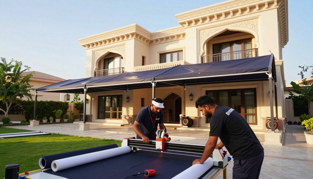 A dynamic outdoor scene showcasing a professional team installing custom car shades and outdoor canopies at a luxurious villa in Saudi Arabia. In the foreground, two workers in professional attire carefully operate a laser cutting machine, surrounded by rolled-up fabrics and tools. The middle ground features an elegant villa adorned with intricate architectural details and lush greenery, with several canopies being expertly fitted. In the background, clear blue skies create a bright and inviting atmosphere. The lighting is warm and natural, emphasizing the craftsmanship and precision involved in the project. The overall mood conveys diligence and professionalism, highlighting the successful execution of previous projects by the laser cutting shade company.