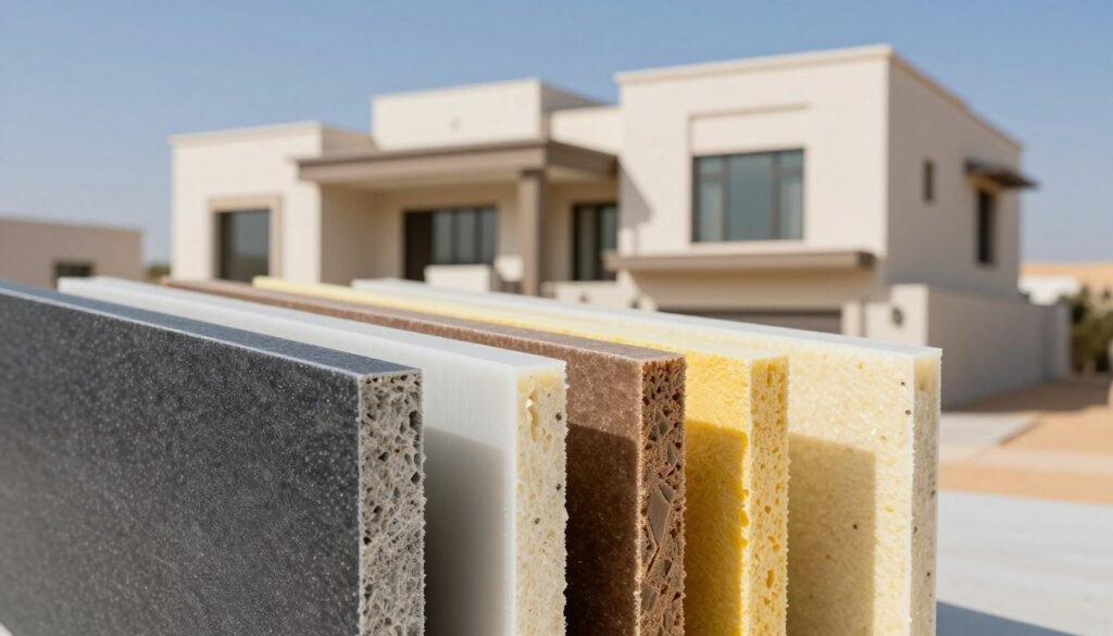 A high-quality image showcasing the thermal insulation properties of sandwich panels, specifically designed for construction in Saudi villas and houses. In the foreground, display a close-up view of different sandwich panel types, highlighting their layered structure, insulation materials, and textures. In the middle ground, depict a modern Saudi villa featuring these panels on its exterior, emphasizing their aesthetic and functional aspects. In the background, incorporate a clear blue sky with a hint of desert landscape, reflecting the region’s environment. The lighting should be bright and natural, accentuating the details of the panels and the lifestyle they support. The composition should evoke a sense of modernity, durability, and comfort appropriate for residential structures in Saudi Arabia.
