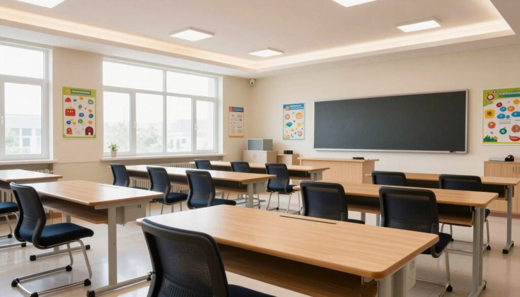A high-quality sandwich panel classroom interior designed for schools in the Eastern Region of Saudi Arabia. The foreground features sleek, modern wooden desks arranged neatly in rows, with ergonomic chairs, all strategically positioned to create a conducive learning environment. In the middle, soft natural light streams through large windows, illuminating a minimalist blackboard on the wall, surrounded by vibrant educational posters. The background shows a smooth ceiling with recessed lighting, enhancing the spacious feel of the room. The atmosphere is bright and inviting, conveying a sense of professionalism and modern educational standards. Capture the image from a slightly elevated angle to provide a comprehensive view of the classroom layout, emphasizing its functionality and aesthetic appeal. A high-quality sandwich panel classroom interior designed for schools in the Eastern Region of Saudi Arabia. The foreground features sleek, modern wooden desks arranged neatly in rows, with ergonomic chairs, all strategically positioned to create a conducive learning environment. In the middle, soft natural light streams through large windows, illuminating a minimalist blackboard on the wall, surrounded by vibrant educational posters. The background shows a smooth ceiling with recessed lighting, enhancing the spacious feel of the room. The atmosphere is bright and inviting, conveying a sense of professionalism and modern educational standards. Capture the image from a slightly elevated angle to provide a comprehensive view of the classroom layout, emphasizing its functionality and aesthetic appeal.