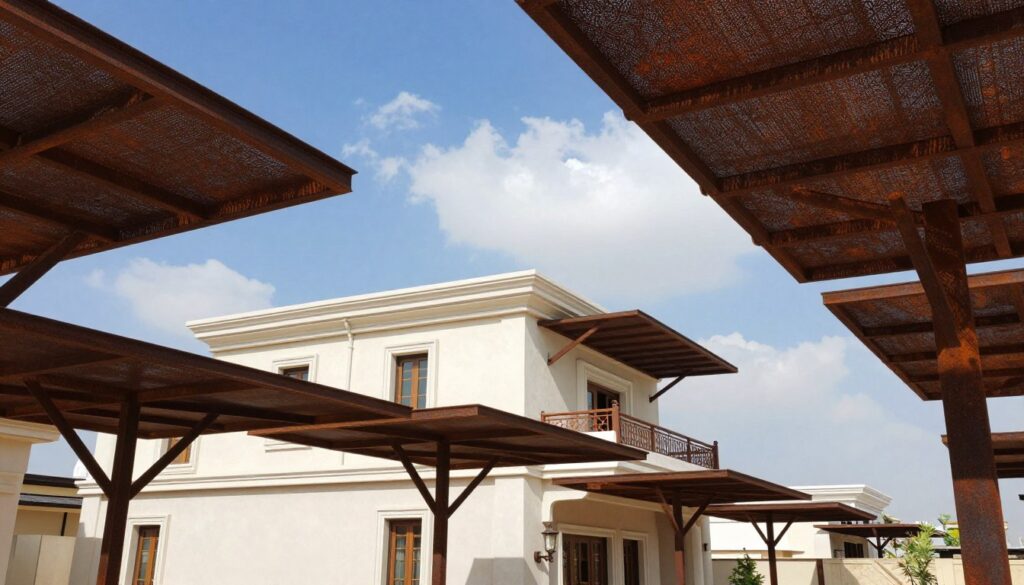 A highly detailed image of rust-resistant iron canopies installed around Saudi villas and houses, showcasing a range of designs and colors. In the foreground, highlight several canopies with intricate patterns and textures, displaying their robust construction. The middle ground features a modern villa with elegant architectural details, enhanced by the shade provided by the canopies. In the background, a bright blue sky with soft white clouds casts radiant natural light, illuminating the scene. Use a slightly elevated angle to capture the canopies’ depth and framing effects, ensuring a vibrant and inviting atmosphere. The overall mood should convey professionalism and a sense of quality craftsmanship in shade structures.