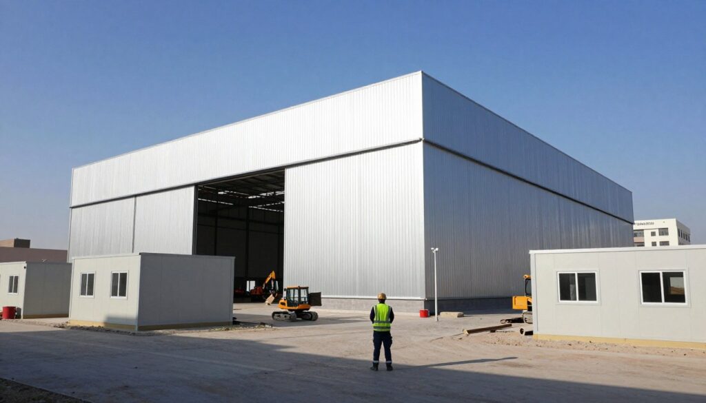 A large industrial structure featuring a sandwich panel hangar in a construction site setting, surrounded by temporary office spaces and storage units. In the foreground, a worker in professional attire inspects the hangar, with a backdrop of construction machinery and equipment. The middle ground displays the sleek, insulated panels of the hangar, reflecting sunlight with a modern aesthetic, while the background depicts a clear blue sky and distant buildings of Dammam. The scene is illuminated with natural daylight, casting dynamic shadows. Capture the mood of active construction and innovation, highlighting the practicality and versatility of sandwich panel designs for temporary workspace solutions. The angle is slightly low to give an impressive perspective of the hangar’s size and functionality. A large industrial structure featuring a sandwich panel hangar in a construction site setting, surrounded by temporary office spaces and storage units. In the foreground, a worker in professional attire inspects the hangar, with a backdrop of construction machinery and equipment. The middle ground displays the sleek, insulated panels of the hangar, reflecting sunlight with a modern aesthetic, while the background depicts a clear blue sky and distant buildings of Dammam. The scene is illuminated with natural daylight, casting dynamic shadows. Capture the mood of active construction and innovation, highlighting the practicality and versatility of sandwich panel designs for temporary workspace solutions. The angle is slightly low to give an impressive perspective of the hangar’s size and functionality.