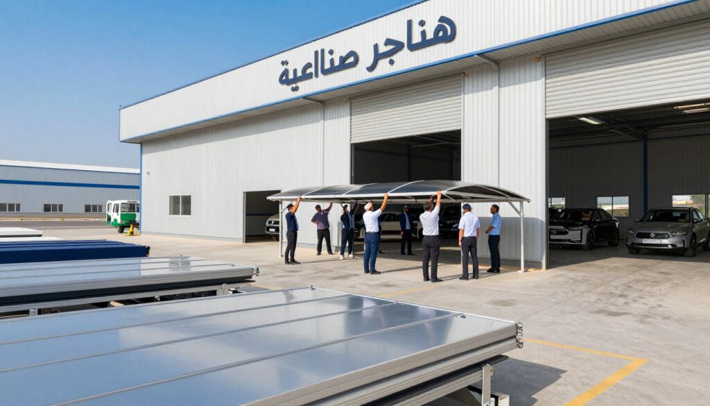 A large industrial warehouse, showcasing various types of "هناجر صناعية" prominently in the foreground, with smooth, metallic surfaces and large sliding doors. In the middle ground, a professional team in business attire is actively installing custom car shades and outdoor canopies, emphasizing teamwork and expertise. The background features a clear blue sky and a hint of the industrial landscape in Al Jubail, Saudi Arabia, with other storage and commercial buildings. The lighting is bright and natural, creating a vivid atmosphere of productivity and innovation. The angle captures the dynamic action of the installation, inviting viewers to engage with the scene while maintaining a professional tone.