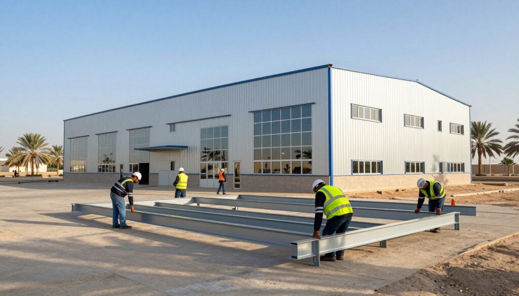 A large, modern metal warehouse (هناجر معدنية) set against the backdrop of the sunlit landscape of Al Ahsa, Saudi Arabia. The foreground features a professional installation team dressed in safety gear, diligently working on assembling steel beams and panels, showcasing craftsmanship. In the middle ground, the warehouse displays a sleek design with large, reflective windows and durable metal siding, emphasizing structural integrity and efficiency. The background showcases lush date palms typical of Al Ahsa, under a clear blue sky with soft, natural lighting emphasizing the vibrancy of the scene. Capture the mood of innovation and professionalism, highlighting the benefits of choosing Al Ahsa's metal warehouses. Use a wide-angle lens for a dynamic view, focusing on depth and perspective.