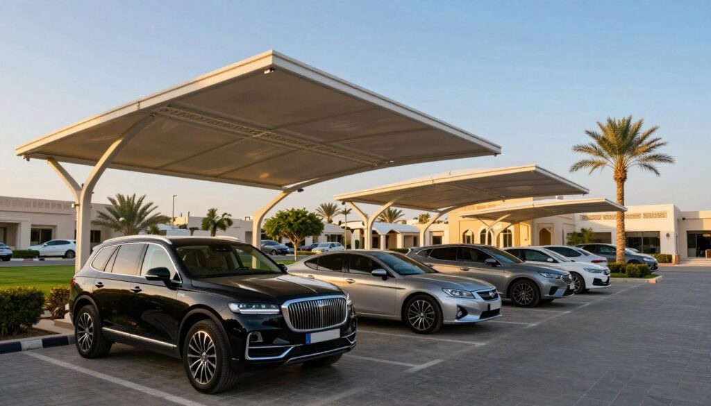 A luxurious car parking area shaded by elegant, modern canopies protecting vehicles from harsh sunlight. In the foreground, sleek cars — a shiny black SUV and a silver sedan — are parked under the shade, highlighting the effectiveness of the shade structures. In the middle ground, several stylish, well-designed carports feature intricate patterns, showcasing the craftsmanship and architectural elegance typical of Saudi villas. The background reveals glimpses of a vibrant neighborhood, with well-manicured lawns and palm trees swaying gently in a warm breeze. The setting sun casts a golden glow, enhancing the inviting atmosphere, while a clear blue sky ensures bright, natural lighting. The scene captures the importance of protecting vehicles from extreme weather, emphasizing both luxury and functionality in outdoor living spaces.