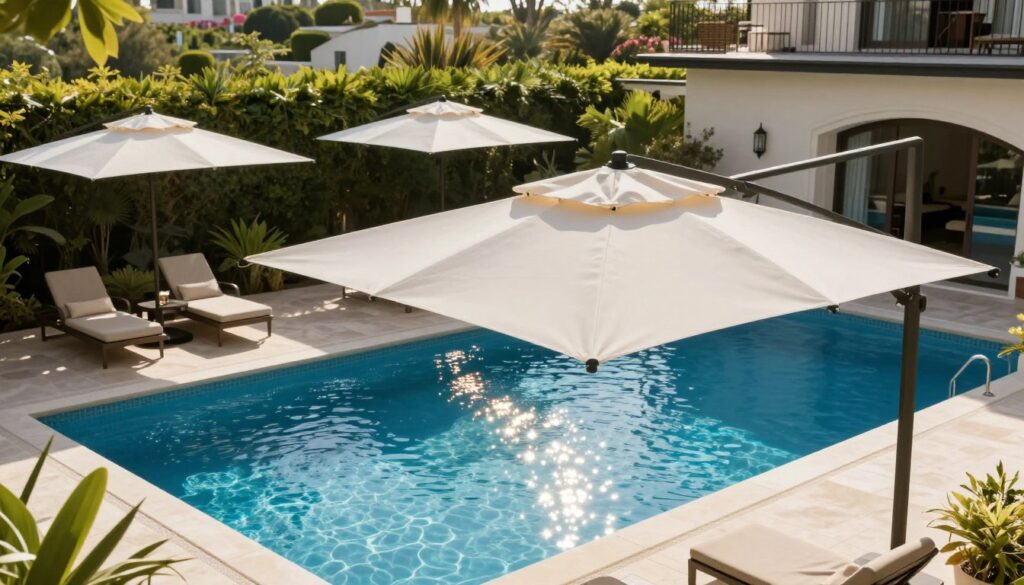 A luxurious swimming pool area set in an elegant villa courtyard, featuring modern, retractable pool umbrellas that provide shade. The foreground showcases the sleek, custom shade structures with a smooth, contemporary design, seamlessly blending with the surroundings. In the middle, the shimmering blue water of the pool reflects the sunlight, surrounded by vibrant greenery and stylish outdoor furniture. In the background, a well-manicured garden enhances the tranquil atmosphere. The scene is bathed in warm, natural sunlight, capturing a serene and inviting mood, perfect for leisure in all seasons. The angle is slightly elevated, providing a comprehensive view of the pool area while emphasizing the practicality and aesthetics of the shade solutions.