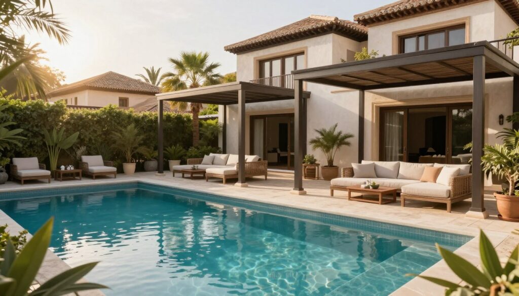 A luxurious villa pool area in the neighborhoods of Cordoba and Granada, showcasing elegant custom shade structures. In the foreground, a beautifully designed pool with crystal-clear water is surrounded by lush greenery and tasteful landscaping. The middle ground features stylish shade canopies made of high-quality materials, providing perfect coverage over lounging areas with comfortable seating. In the background, the architecture of the villa reflects modern Saudi design, with warm neutral tones. Soft sunlight filters through the shade, creating a serene and inviting atmosphere. The overall mood is one of tranquility and sophistication, highlighting privacy and enjoyment for families in this upscale setting. Capture this scene from a slightly elevated angle to emphasize the elegant layout and harmonious integration of nature with luxury.