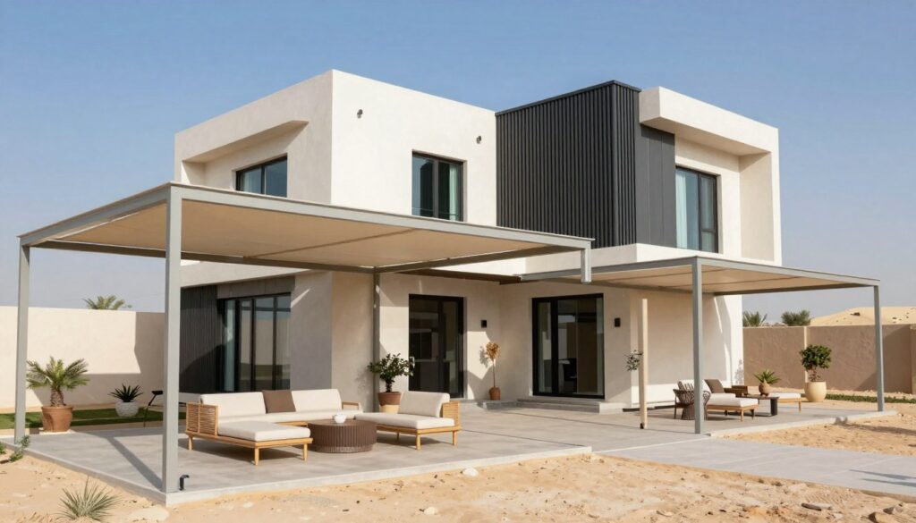 A modern Saudi villa, showcasing advanced thermal efficiency and insulation techniques suitable for Dammam's climate. In the foreground, highlight robust, custom shade structures made of light-colored materials, creating a comfortable outdoor living space. In the middle ground, depict insulated walls with innovative sandwich panels, emphasizing their sleek design and superior thermal properties. The background features a clear blue sky and the arid landscape typical of Dammam, illustrating the need for effective insulation. The lighting should mimic a bright, sunny day, casting soft shadows to enhance depth. The atmosphere should convey a sense of modernity and comfort, reflecting the integration of cutting-edge construction materials in residential architecture.